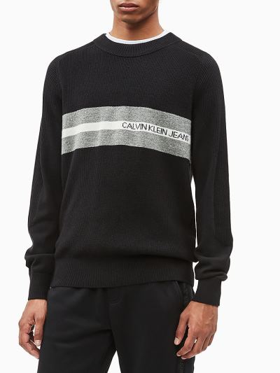 Calvin Klein Ruhák HU000233 | Calvin Klein Chest Stripe Logo Férfi Pulóver Fekete